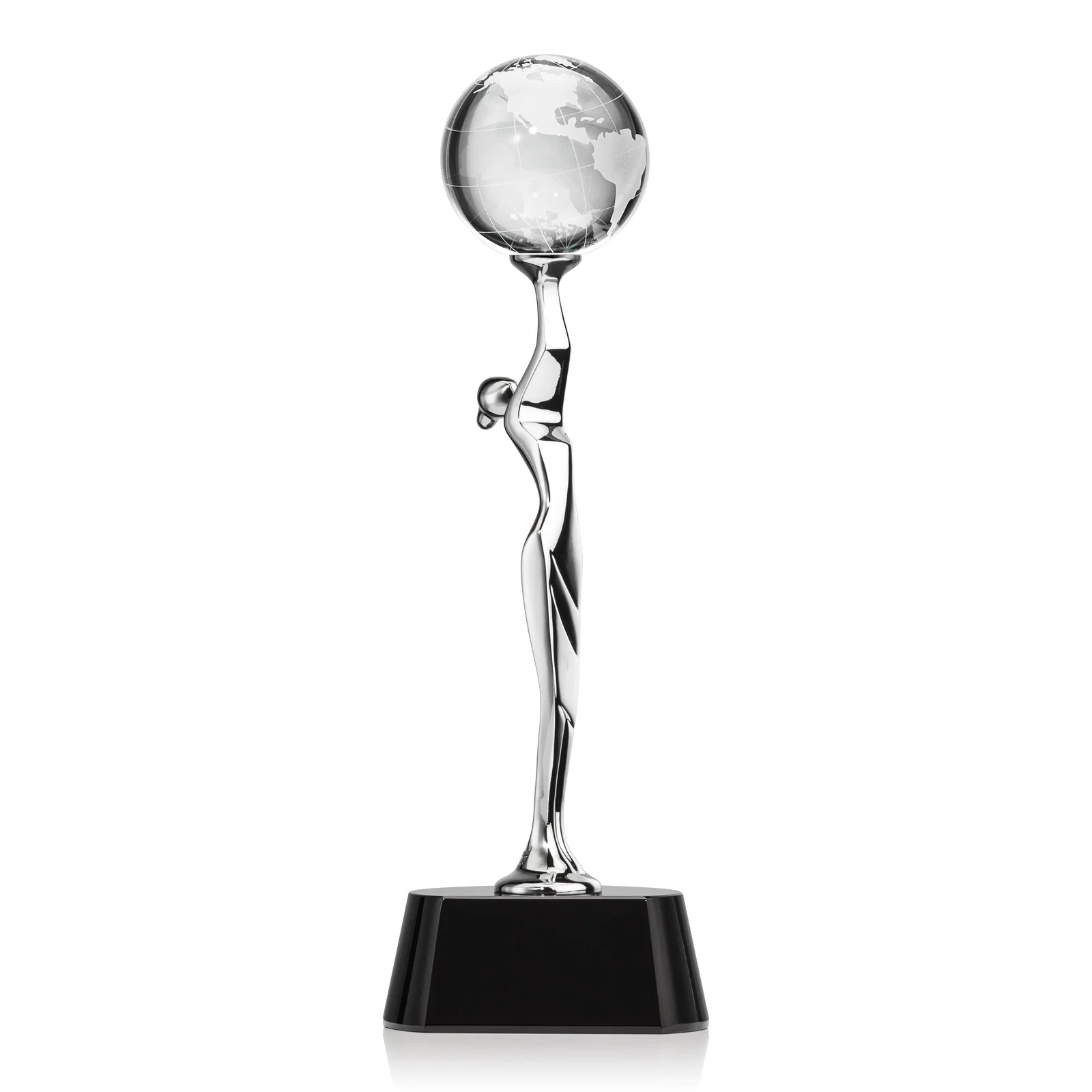 Custom Optical Crystal Globe Award Held by Chrome Goddess Figure for retirement presentations