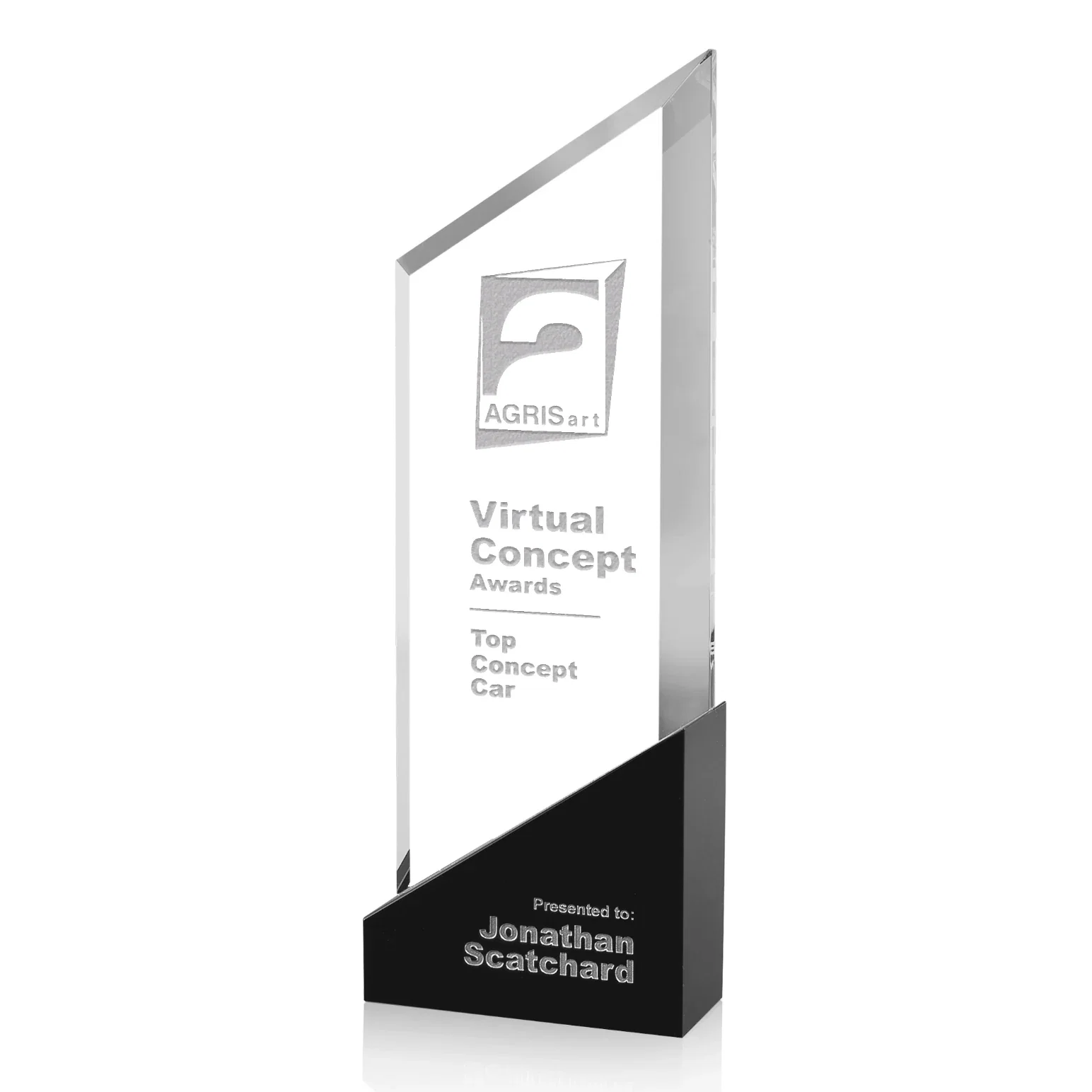 Custom Asymmetric Bevel Optical Crystal Award on Slanted Black Base, awards for employee recognition