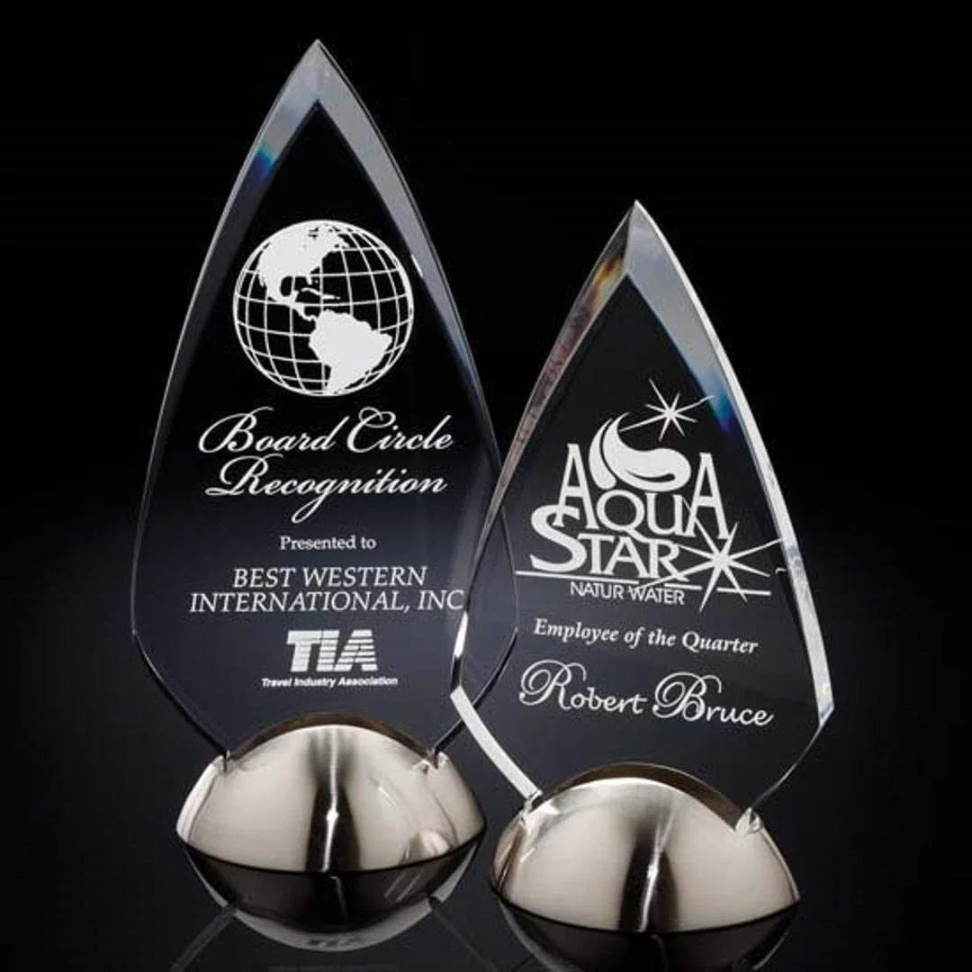 Custom Acrylic Arrowhead Award with Beveled Arcs on Satin Nickel Base for employee recognition
