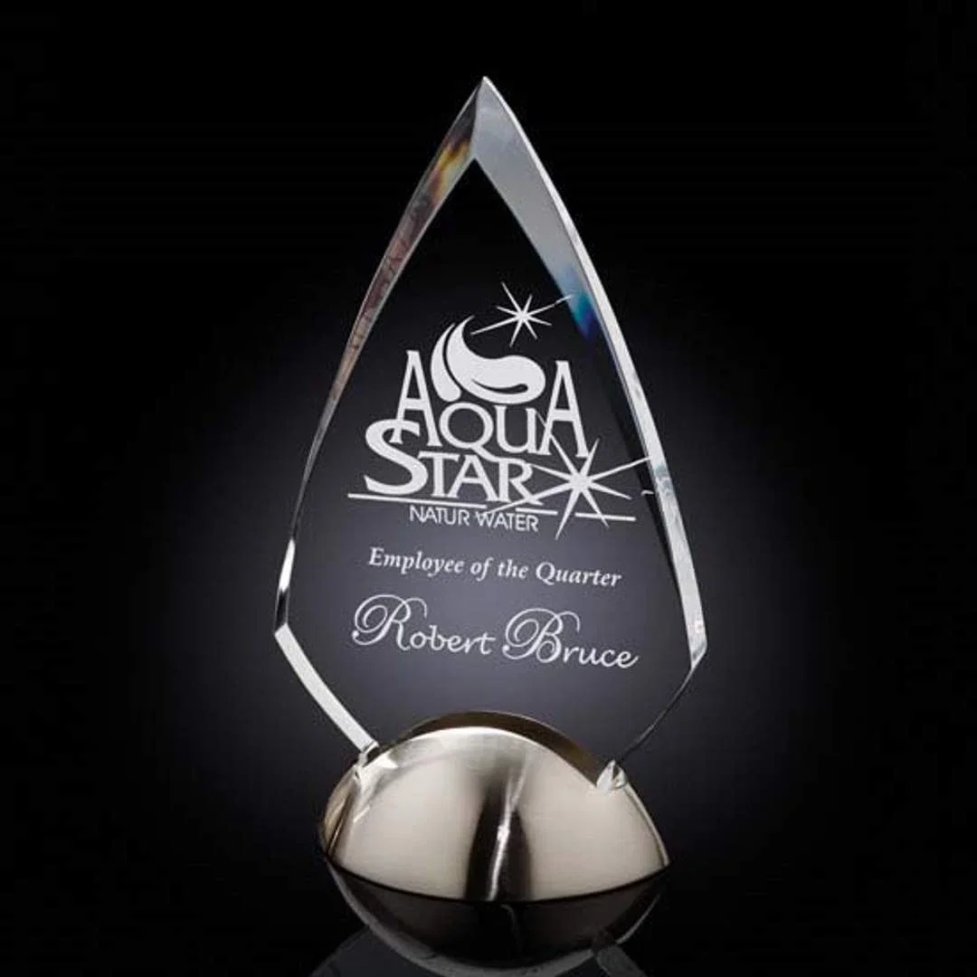 Custom Acrylic Arrowhead Award with Beveled Arcs on Satin Nickel Base for corporate award ceremonies