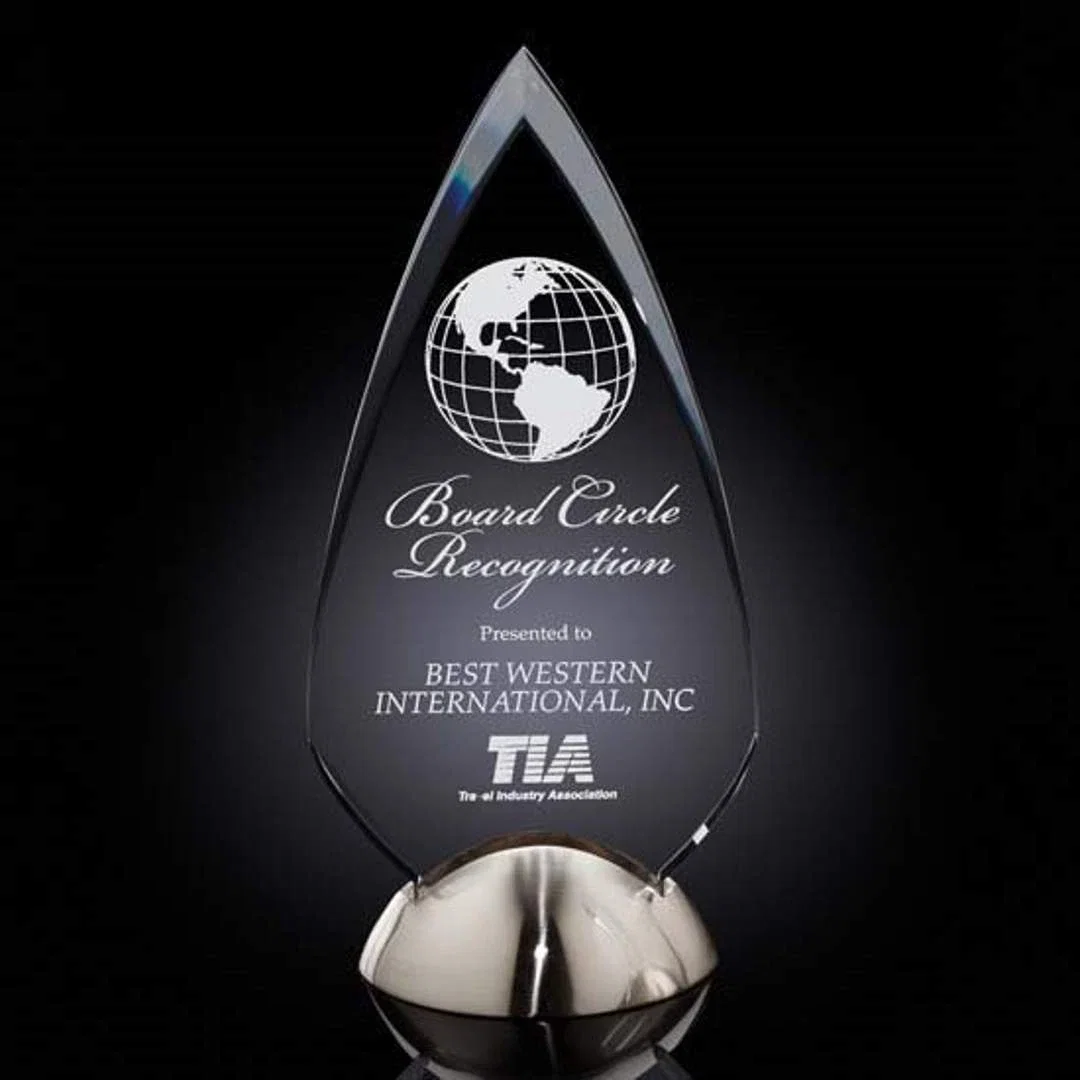 Custom Acrylic Arrowhead Award with Beveled Arcs on Satin Nickel Base for service anniversary gifts