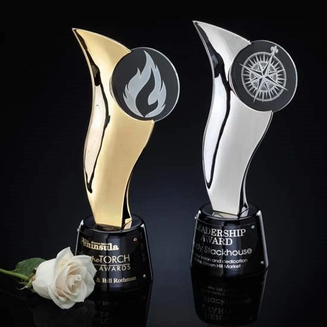 Custom Cast Metal Flame Award, Metal Wraps Around a Crystal Disc for employee recognition