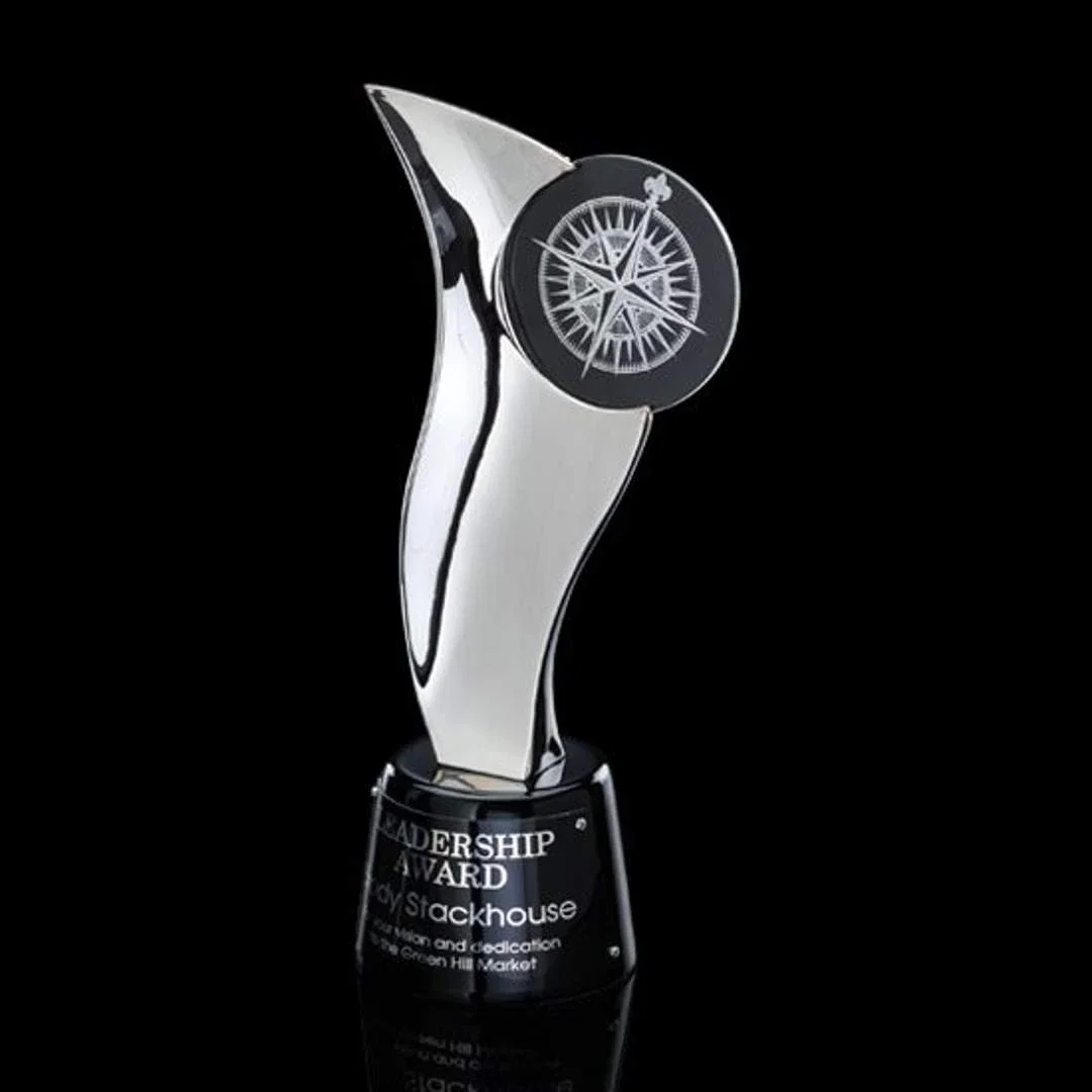 Custom Cast Metal Flame Award, Metal Wraps Around a Crystal Disc for corporate award ceremonies