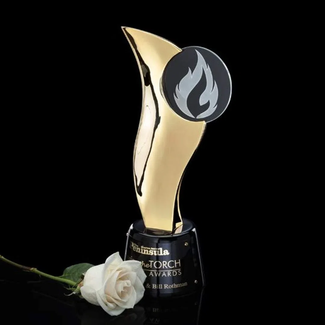 Custom Cast Metal Flame Award, Metal Wraps Around a Crystal Disc for service anniversary gifts