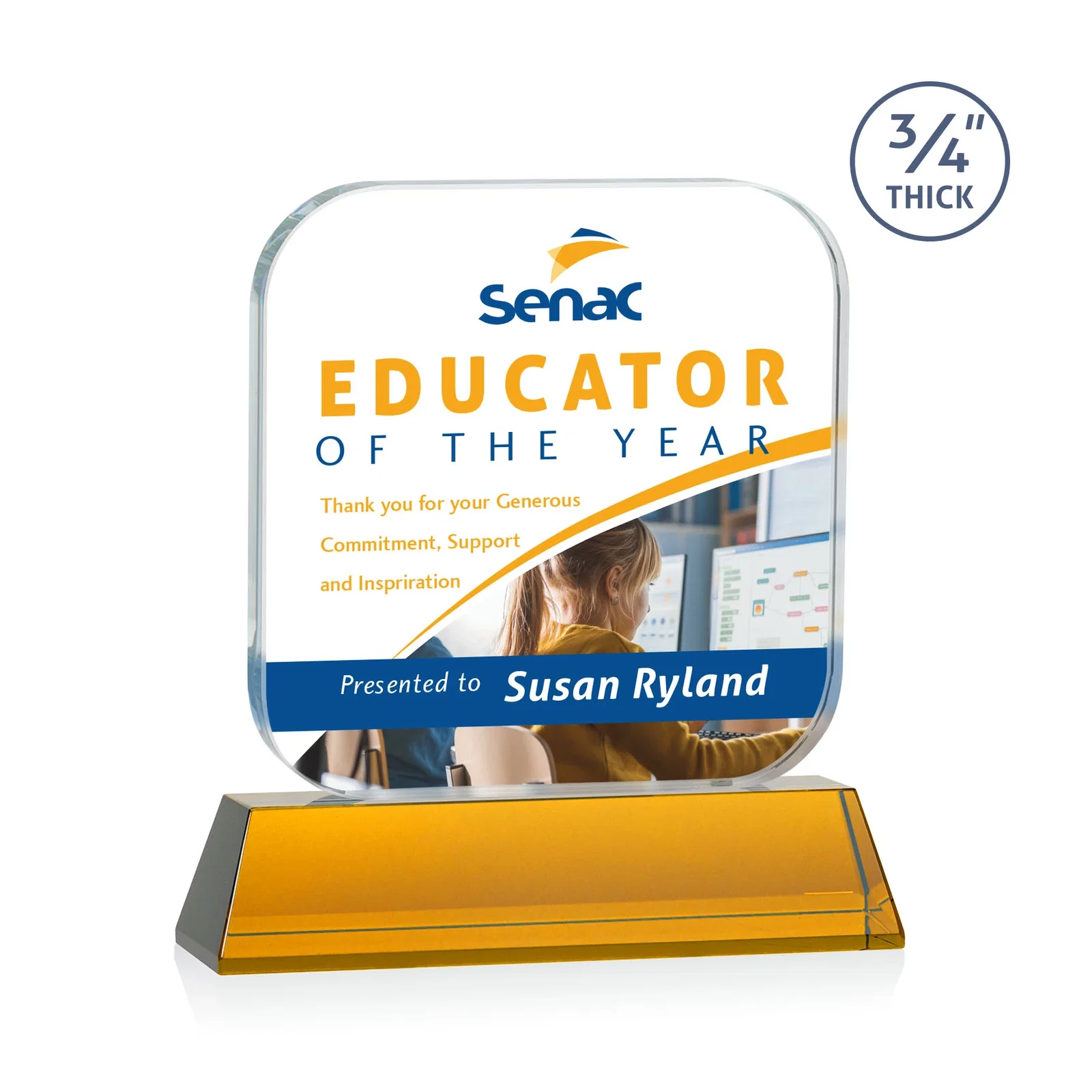 Custom printed Starfire Crystal App-Icon Award on an Optical Crystal Base, awards for employee recognition