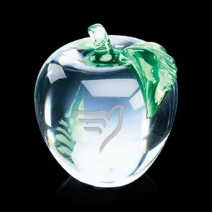 Glass Apple Award, 2.75"-3.5" with Molded Stem and Leaf