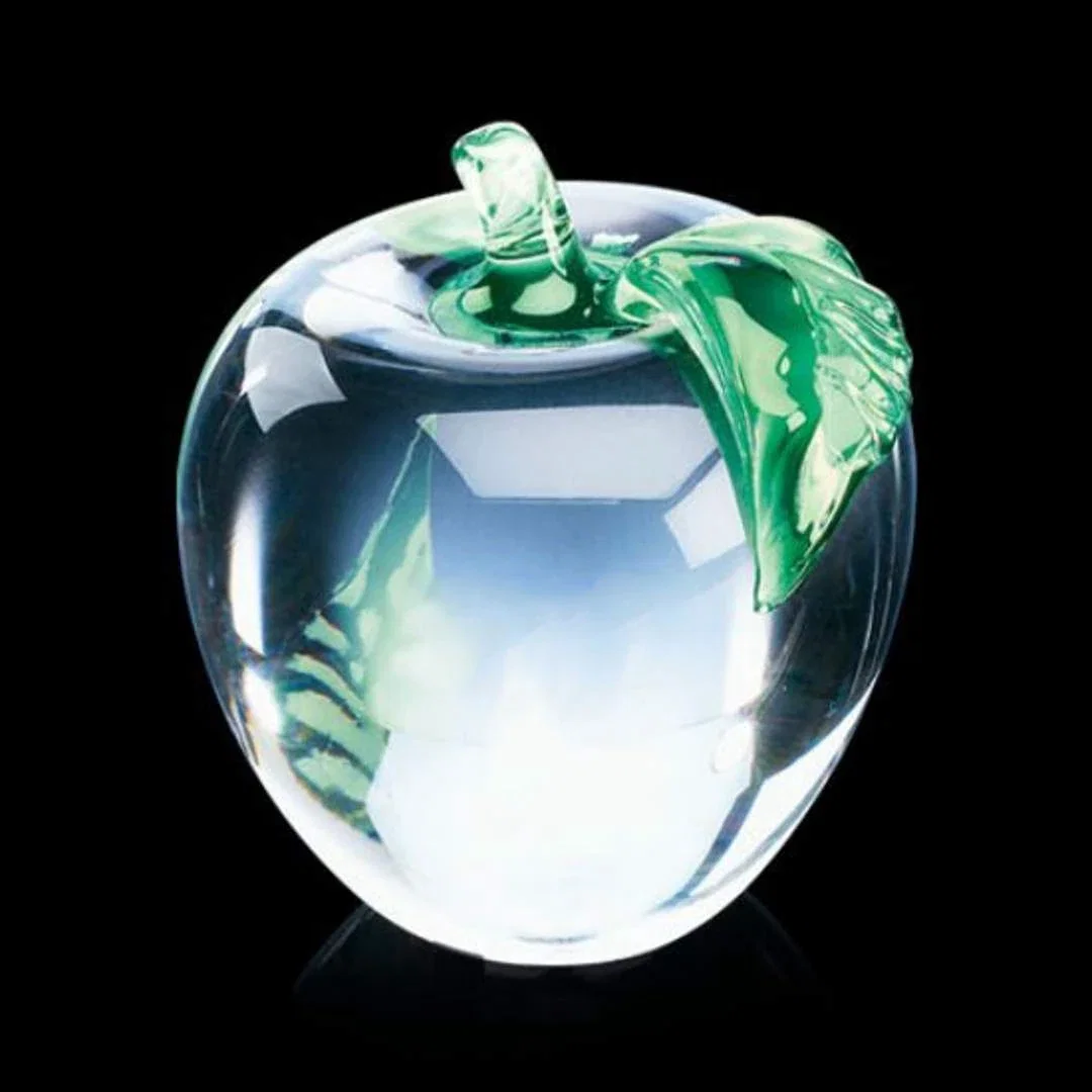 Custom Glass Apple Award, 2.75"-3.5" with Molded Stem and Leaf, teacher appreciation gift for retirement presentations