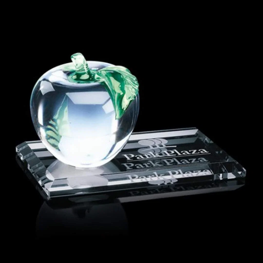 Custom Glass Apple Award on Ridged Rectangular Base, 6" x 3", teacher appreciation gift for corporate award ceremonies