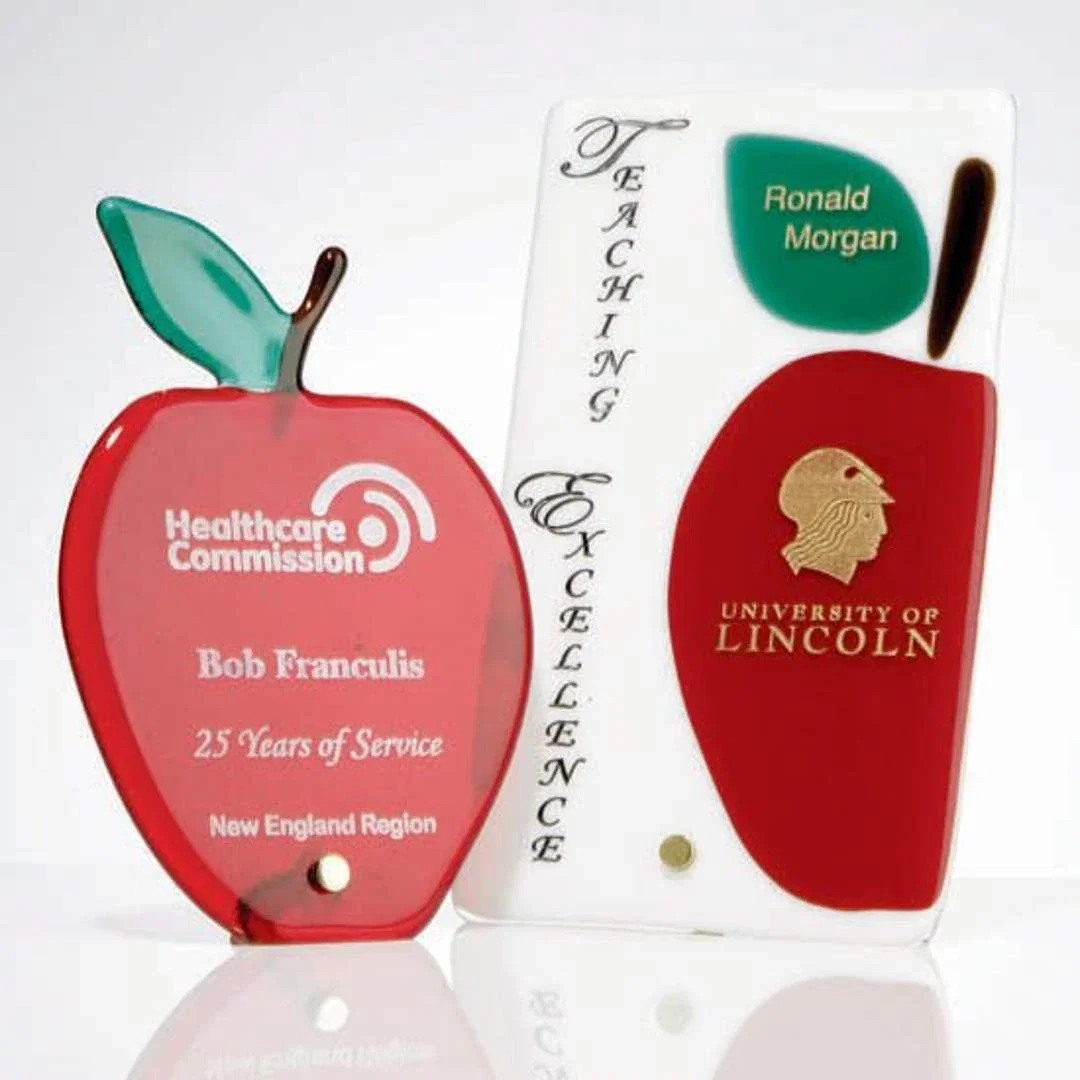 Custom Fused Art Glass Apple Award on Gold Easel Pin Stand for employee recognition