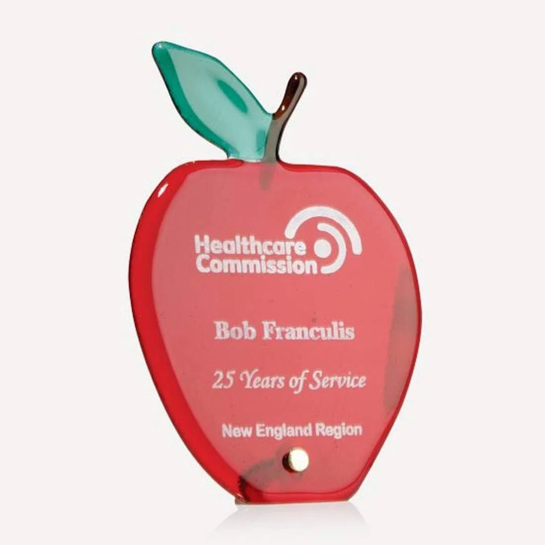 Custom Fused Art Glass Apple Award on Gold Easel Pin Stand for corporate award ceremonies