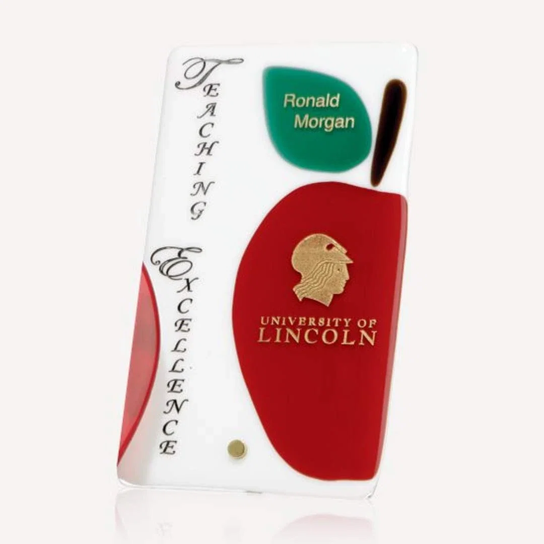 Custom Fused Art Glass Apple Award on Gold Easel Pin Stand for service anniversary gifts