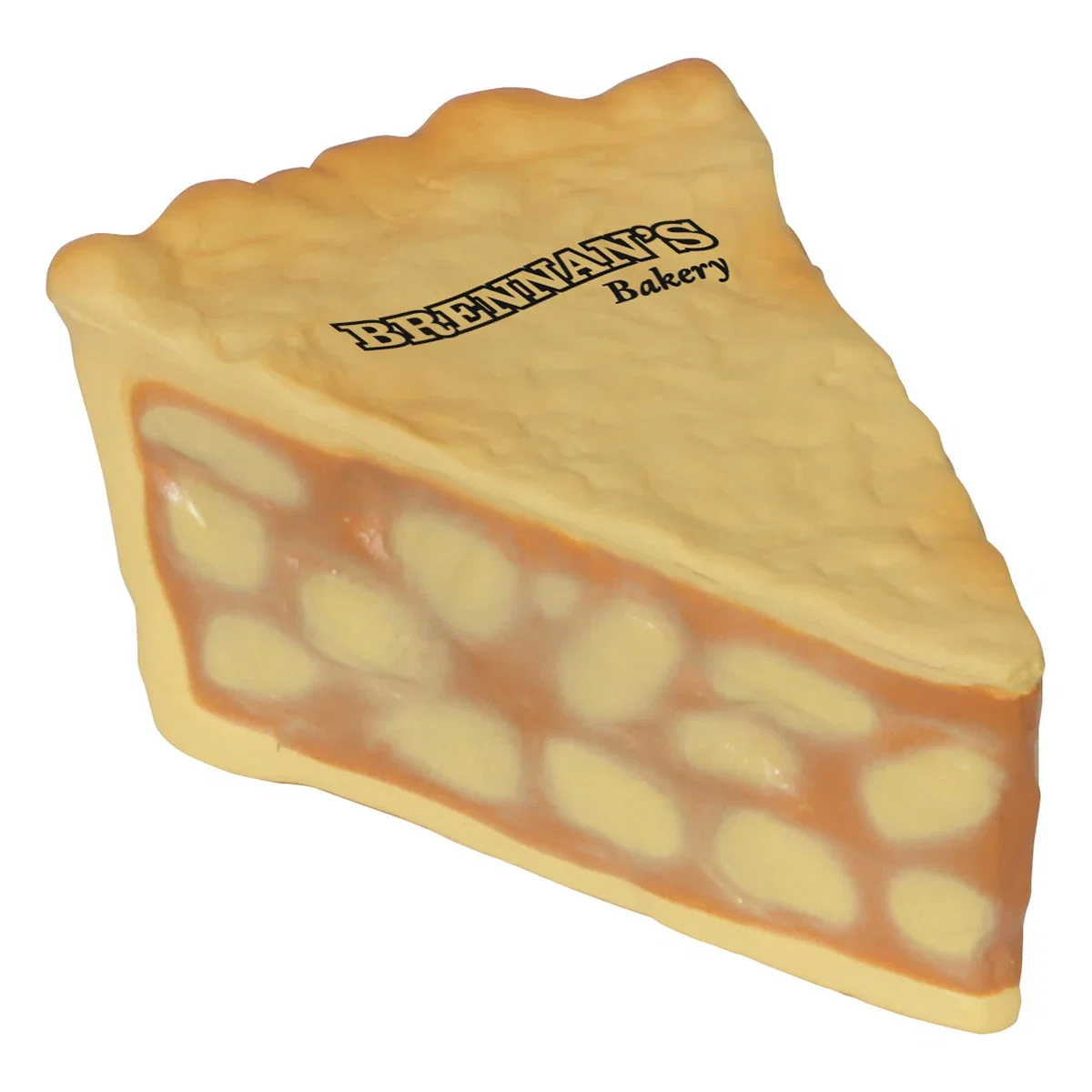 Apple pie shaped stress reliever with a round pad-printed top imprint