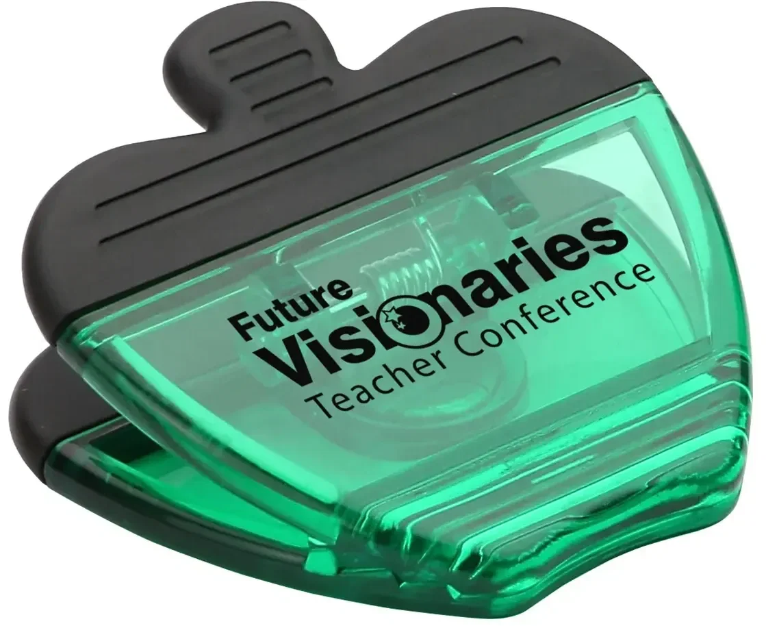 Promotional apple-shaped magnetic clip side view showing the clip jaws