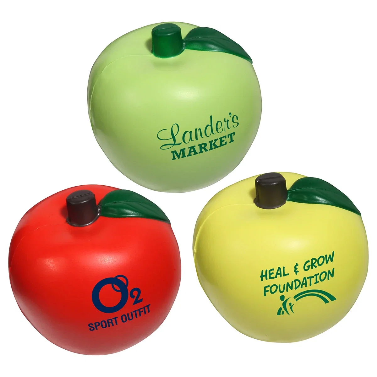 Apple shaped polyurethane stress reliever with a pad-printed side imprint