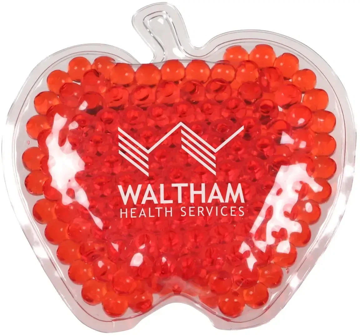 Custom Aqua Pearls apple hot/cold pack with branded logo, apple-shaped therapy pack