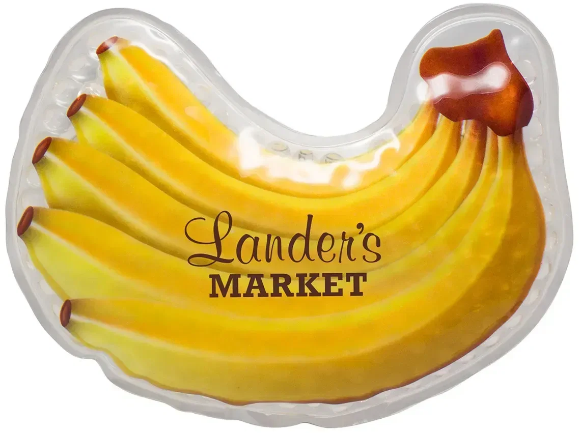 Custom Aqua Pearls banana-shaped hot and cold pack, branded therapy giveaway front view