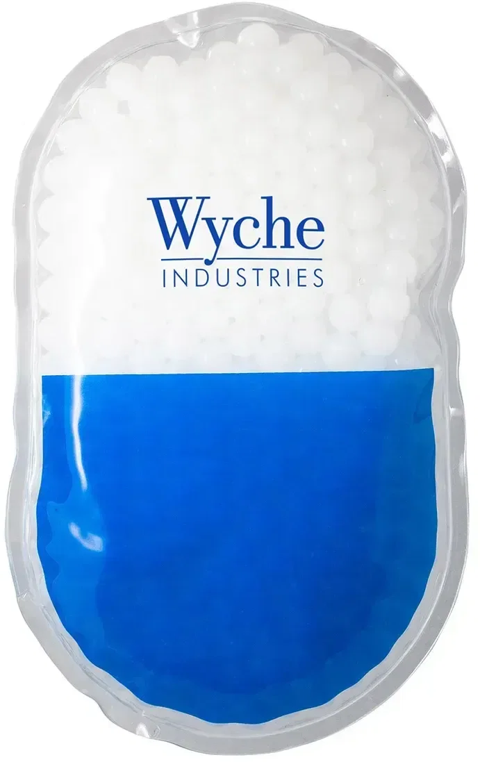 Close-up of the custom Aqua Pearls capsule hot/cold pack showing the gel pearl fill and logo area