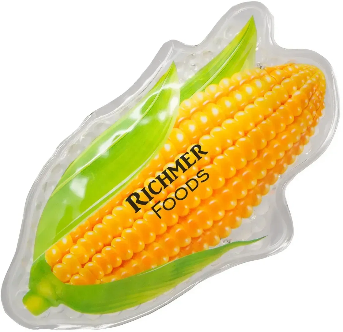 Custom Aqua Pearls corn-shaped hot and cold pack, branded therapy giveaway front view