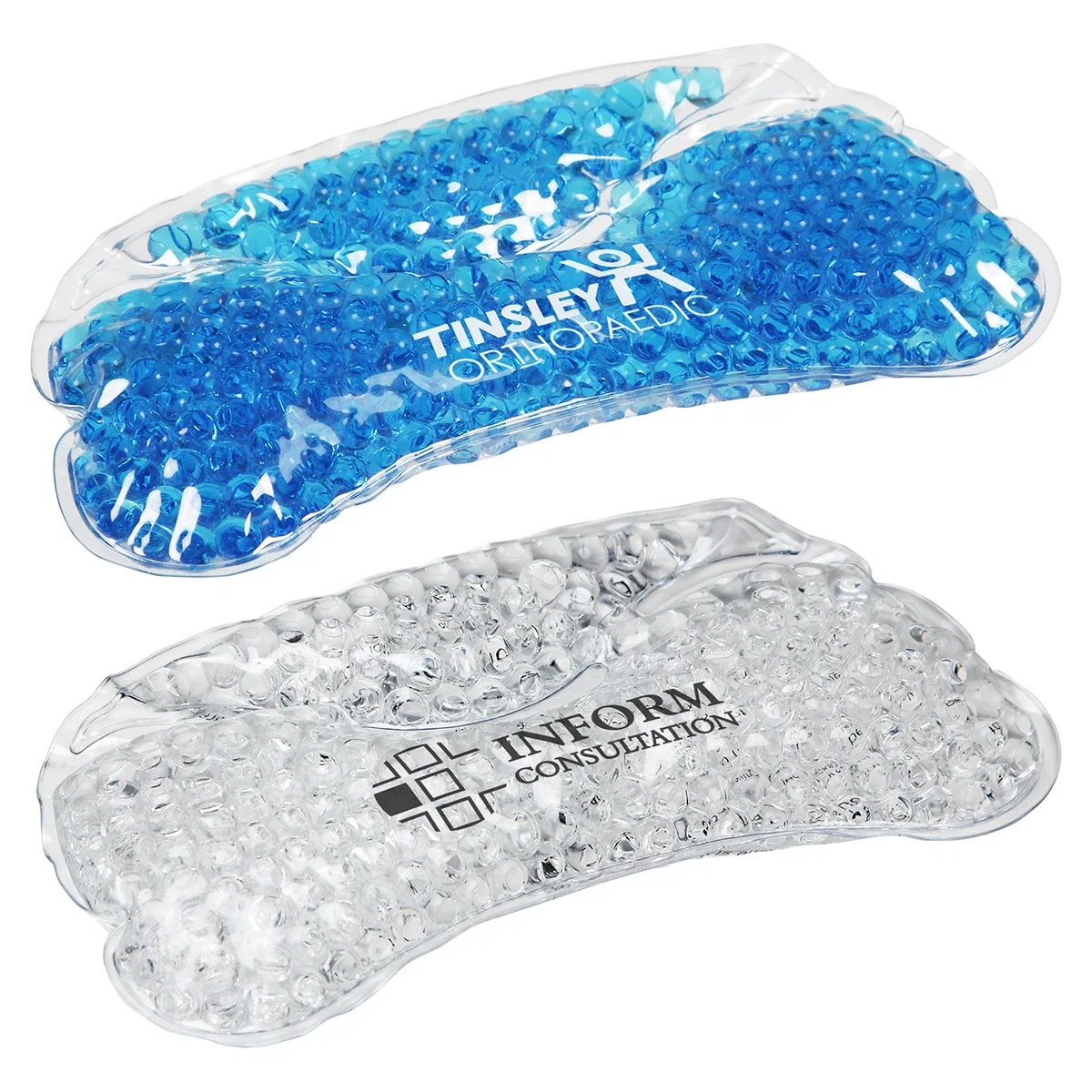 Branded hot and cold gel bead wrist rest shown resting at a keyboard