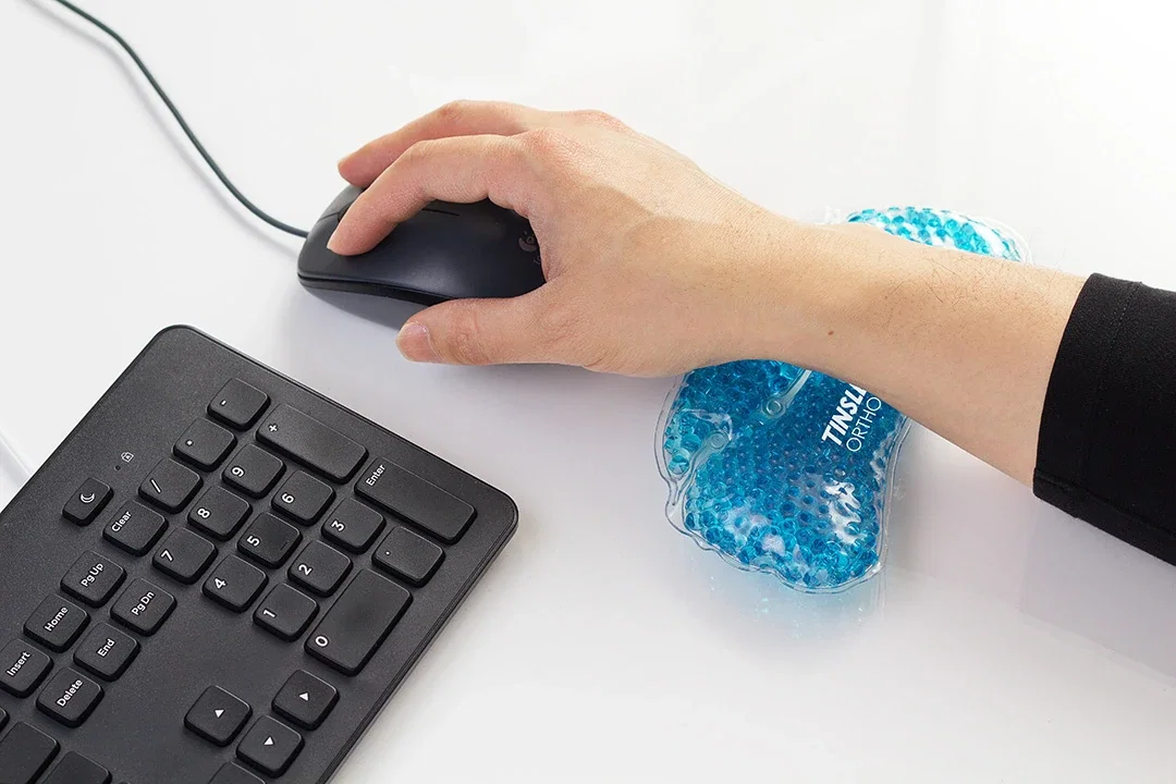 Close-up of custom wrist rest gel beads and soft fabric surface