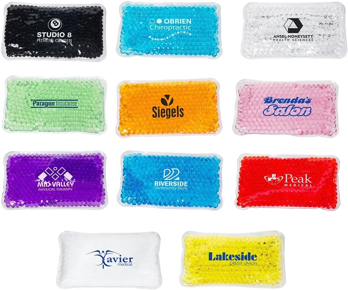 Custom Aqua Pearls mini hot and cold pack, branded therapy giveaway front view with logo area