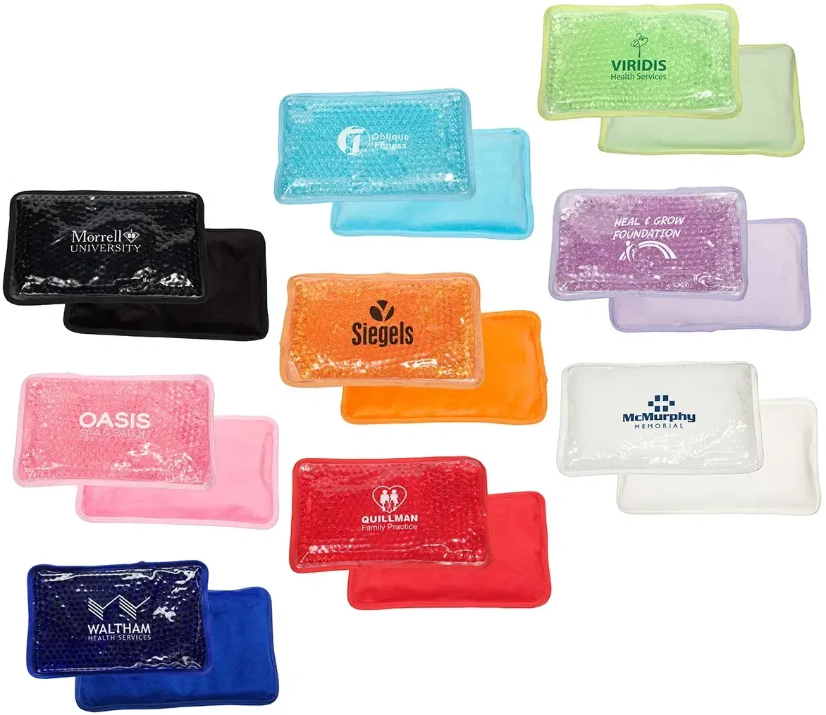 Custom Aqua Pearls plush hot and cold pack, branded therapy gift front view with soft side