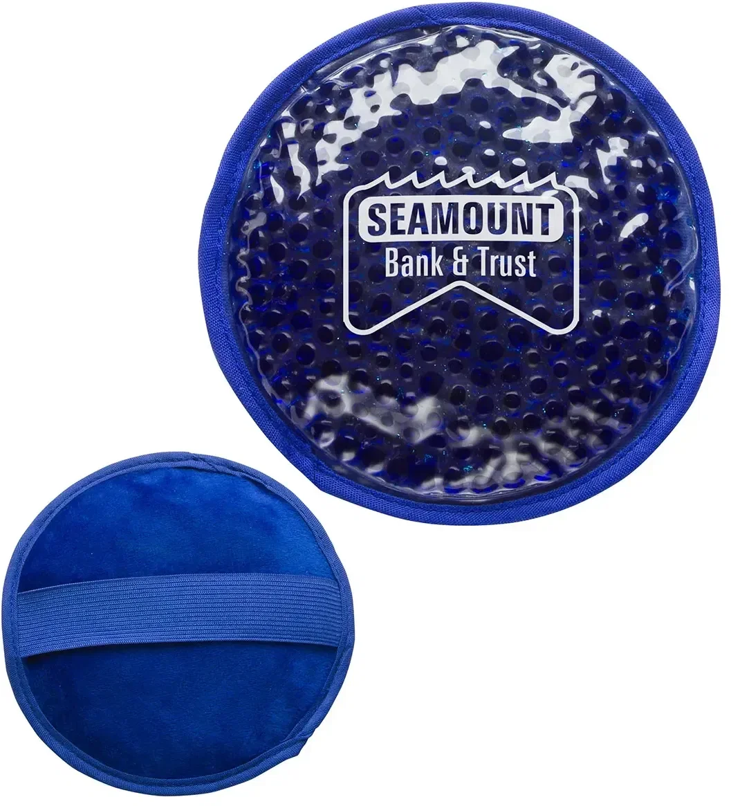 Custom Aqua Pearls plush round therapy pack close-up of logo imprint area