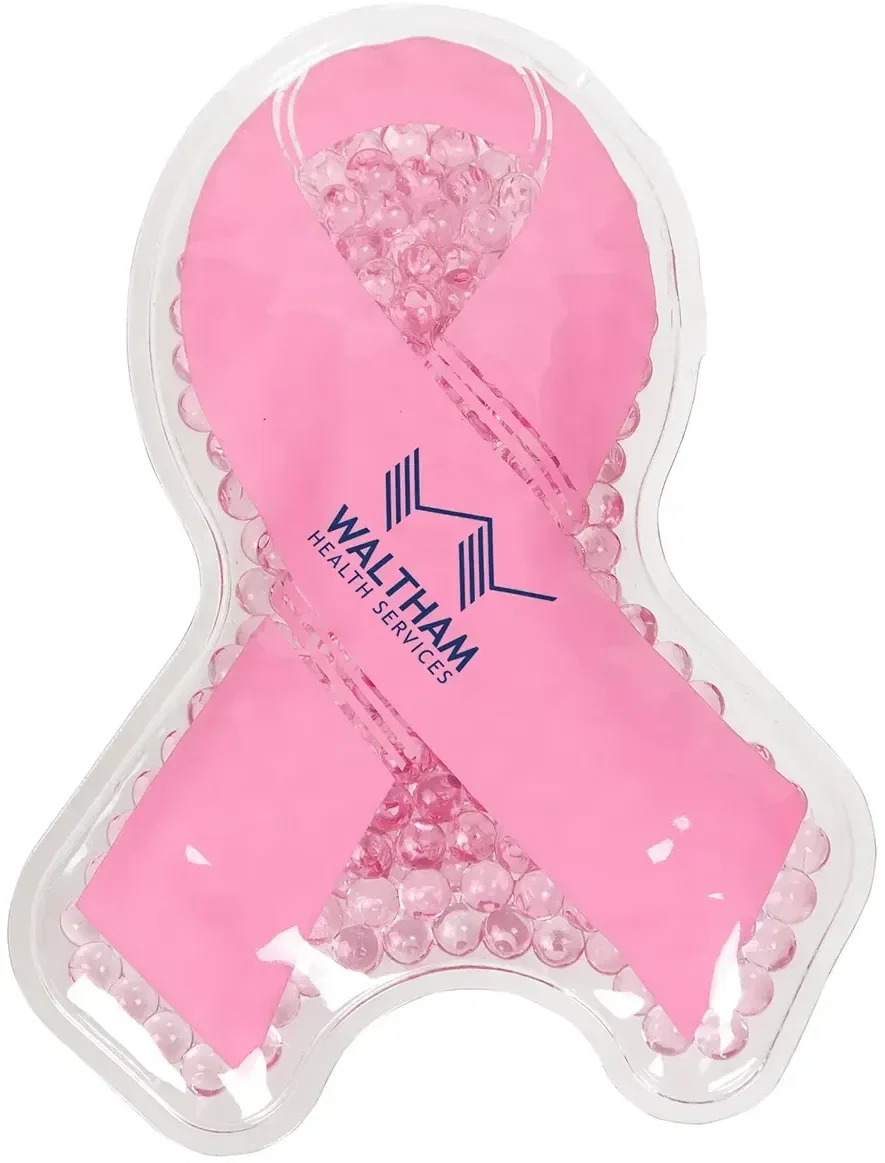 Branded Aqua Pearls ribbon hot/cold pack angled view of the ribbon-shaped pack