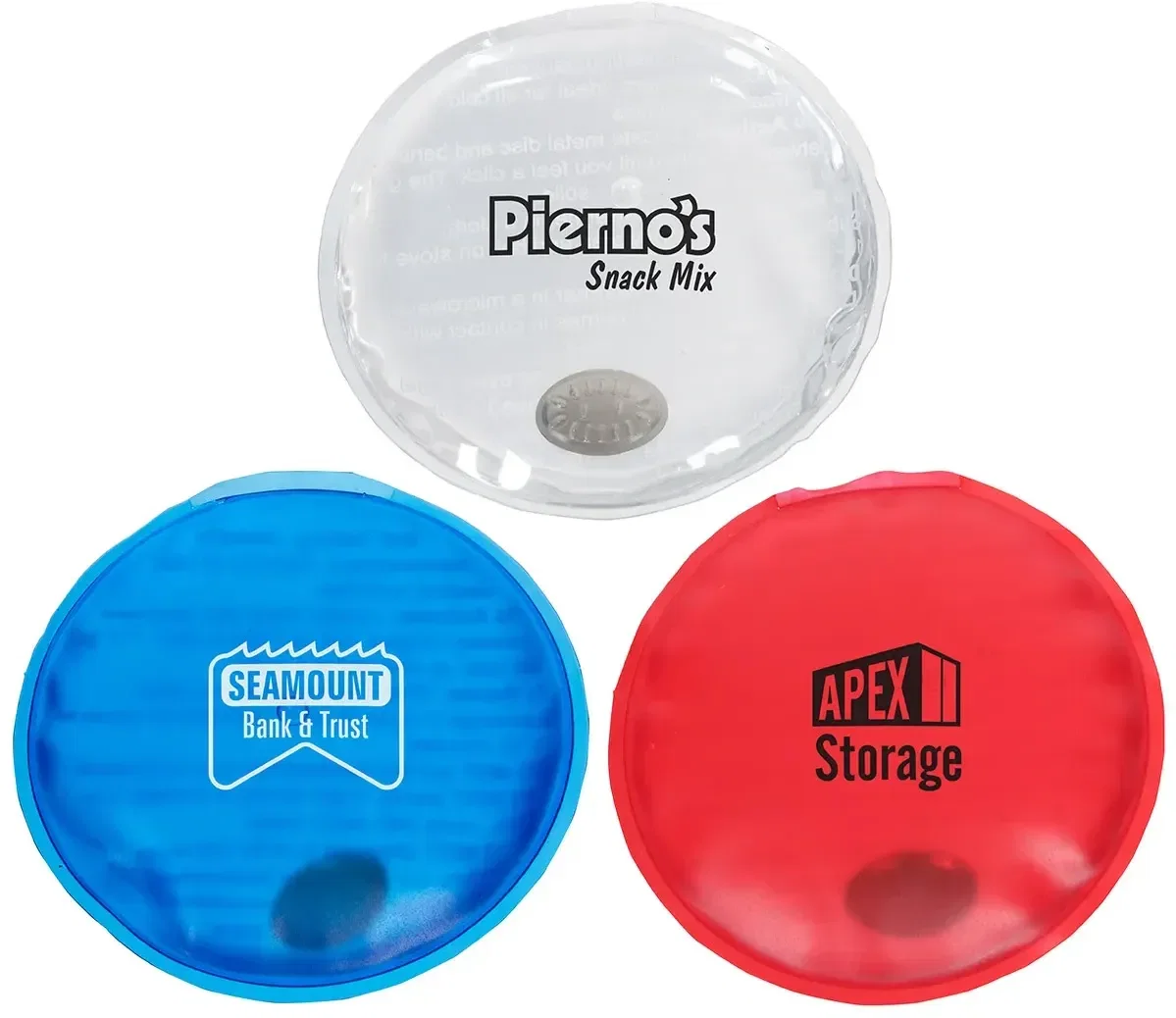 Aqua Pearls round reusable hand warmer, branded custom gel warmer, front view