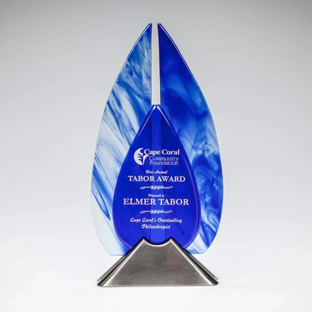 Custom Fused Topaz and Sapphire Art Glass Award With 4.5 x 3 Inch Etch Area, metal awards for corporate award ceremonies