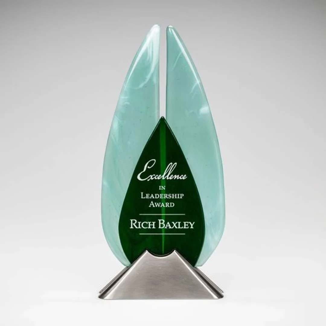 Custom Fused Topaz and Sapphire Art Glass Award With 4.5 x 3 Inch Etch Area, metal awards for service anniversary gifts