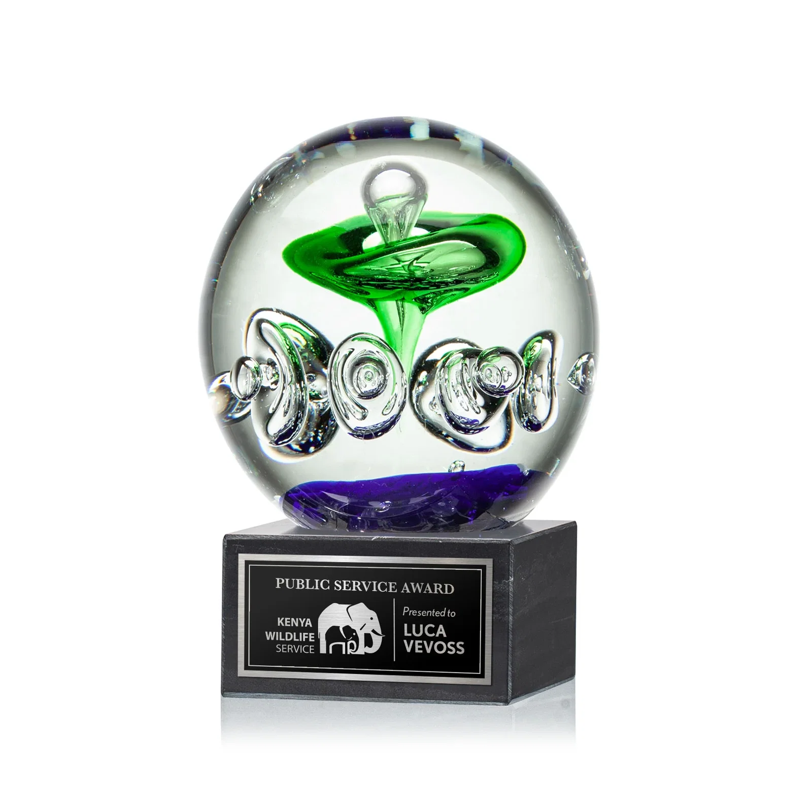 Custom Glass Sphere Award on Black Square Marble Base for corporate award ceremonies