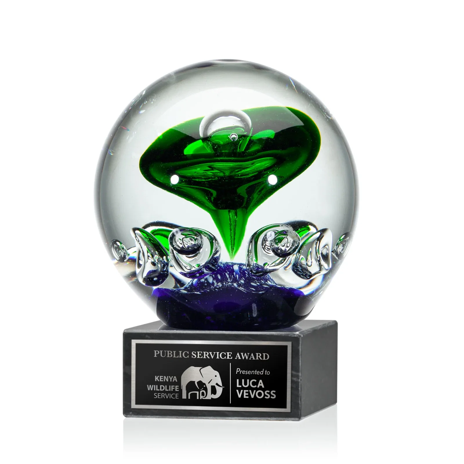 Custom Glass Sphere Award on Black Square Marble Base for service anniversary gifts