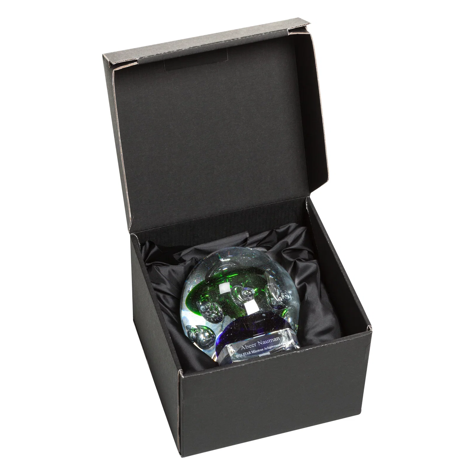 Custom Glass Sphere Award on Black Square Marble Base for retirement presentations