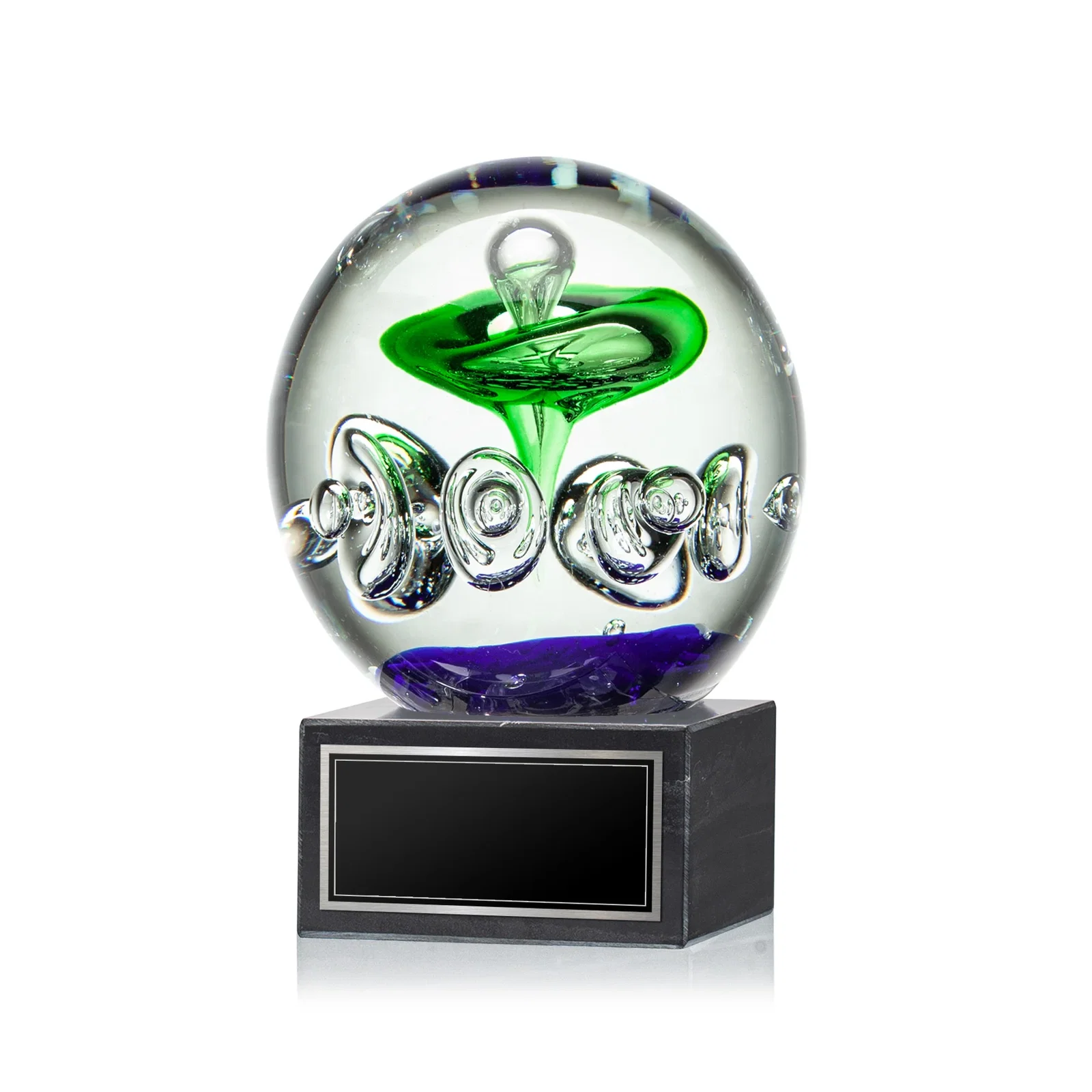 Custom Glass Sphere Award on Black Square Marble Base for team milestone celebrations