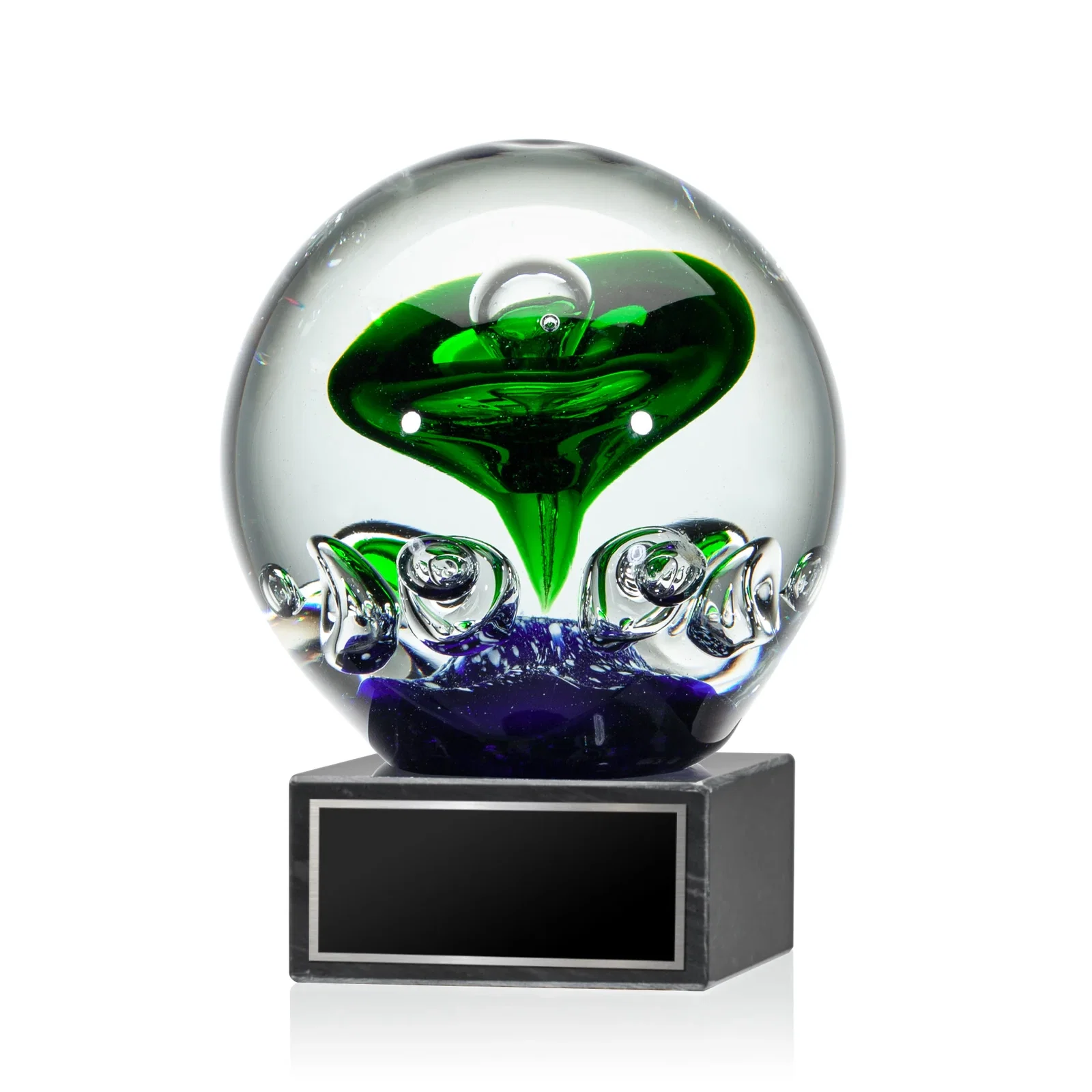 Custom Glass Sphere Award on Black Square Marble Base for donor appreciation