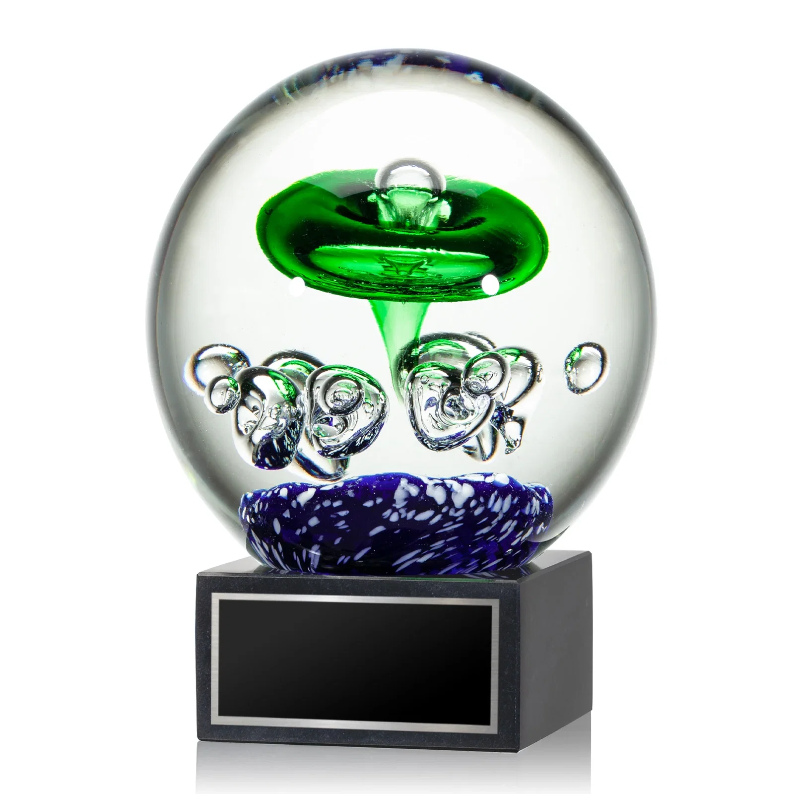 Custom Glass Sphere Award on Black Square Marble Base for graduation ceremonies