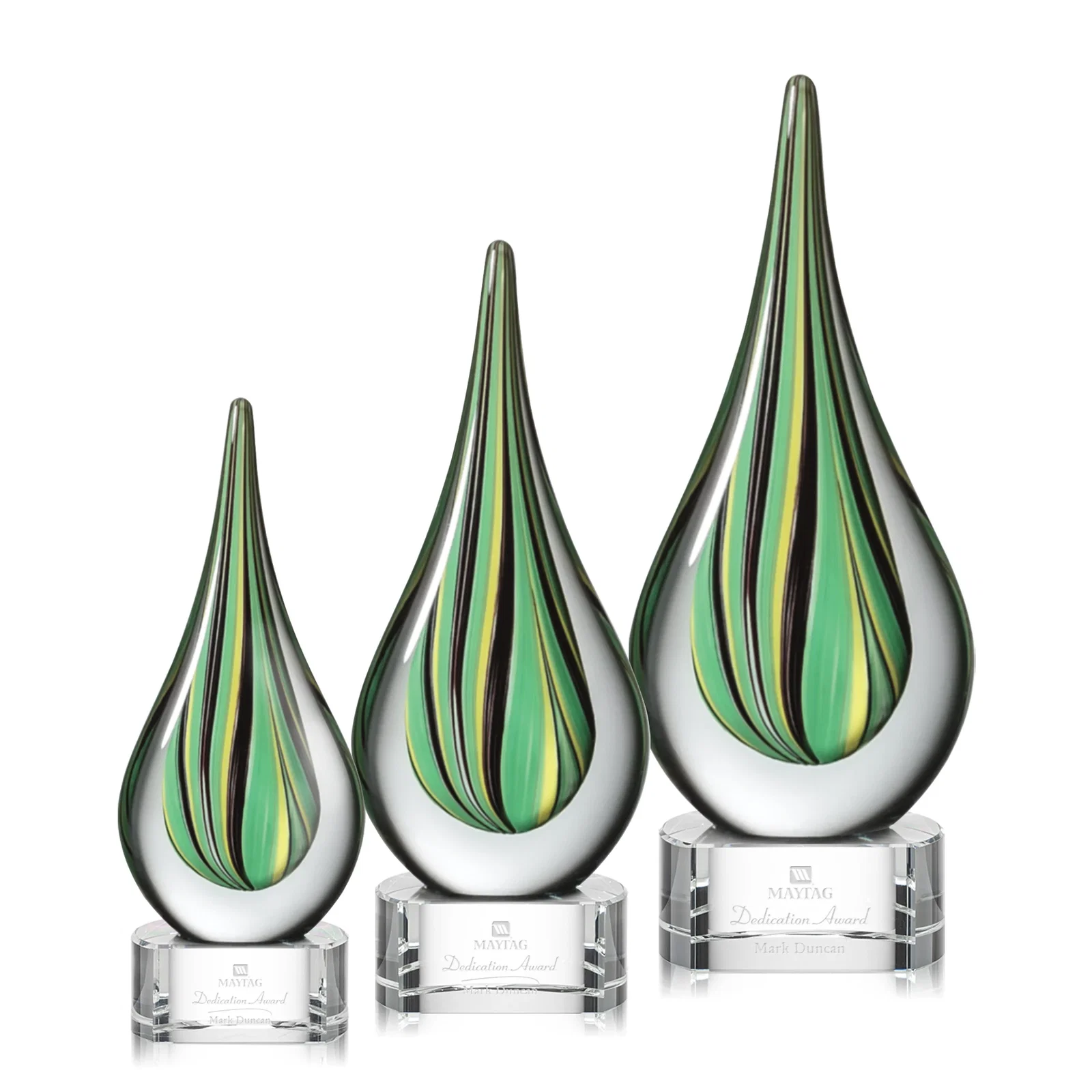 Custom Glass Peacock Feather Teardrop Award on Clear Crystal Base for employee recognition