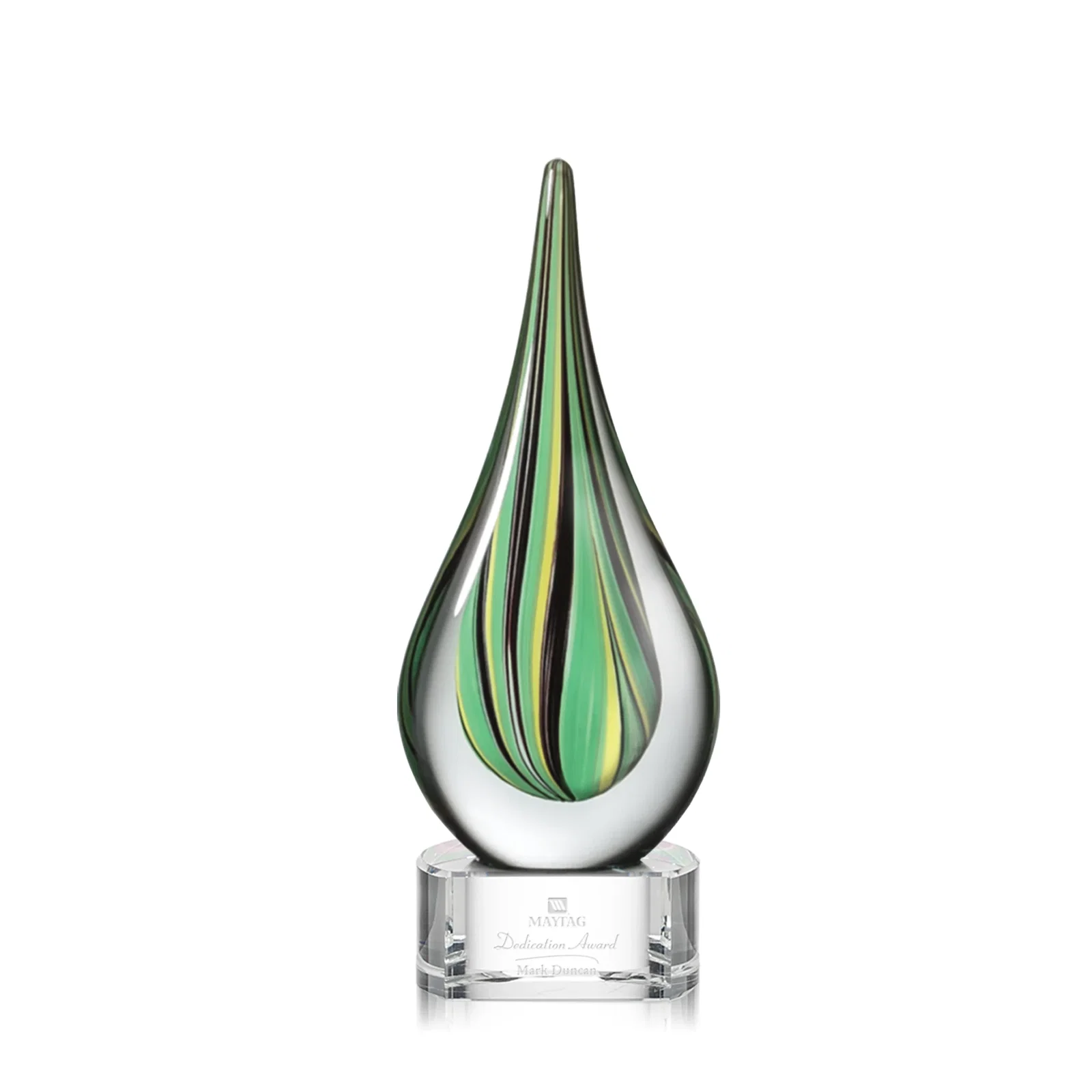 Custom Glass Peacock Feather Teardrop Award on Clear Crystal Base for corporate award ceremonies