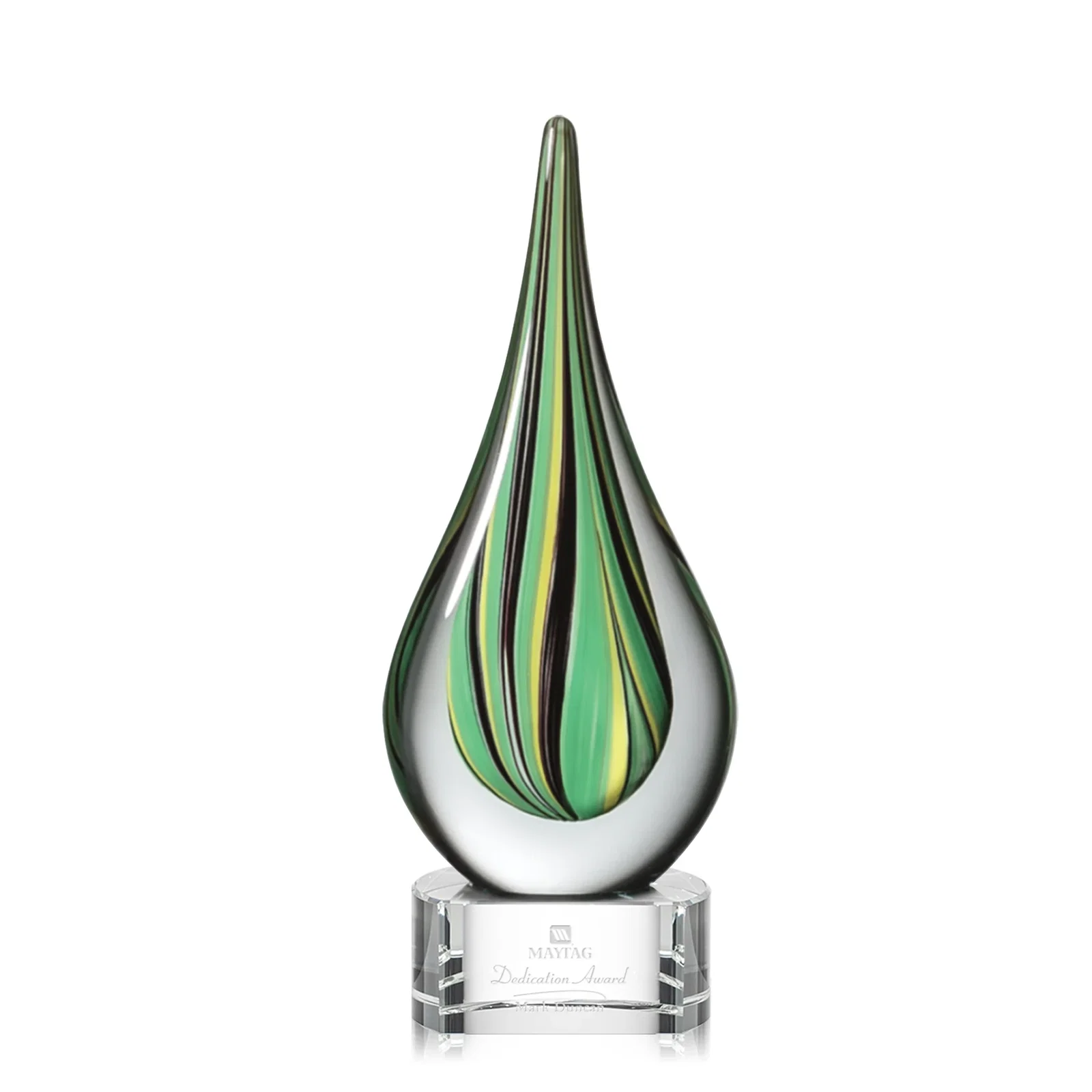 Custom Glass Peacock Feather Teardrop Award on Clear Crystal Base for service anniversary gifts