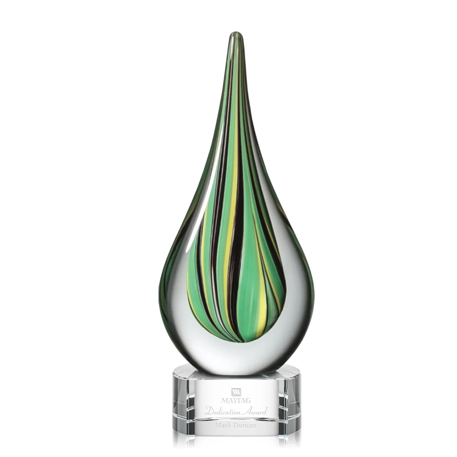 Custom Glass Peacock Feather Teardrop Award on Clear Crystal Base for sales achievement awards