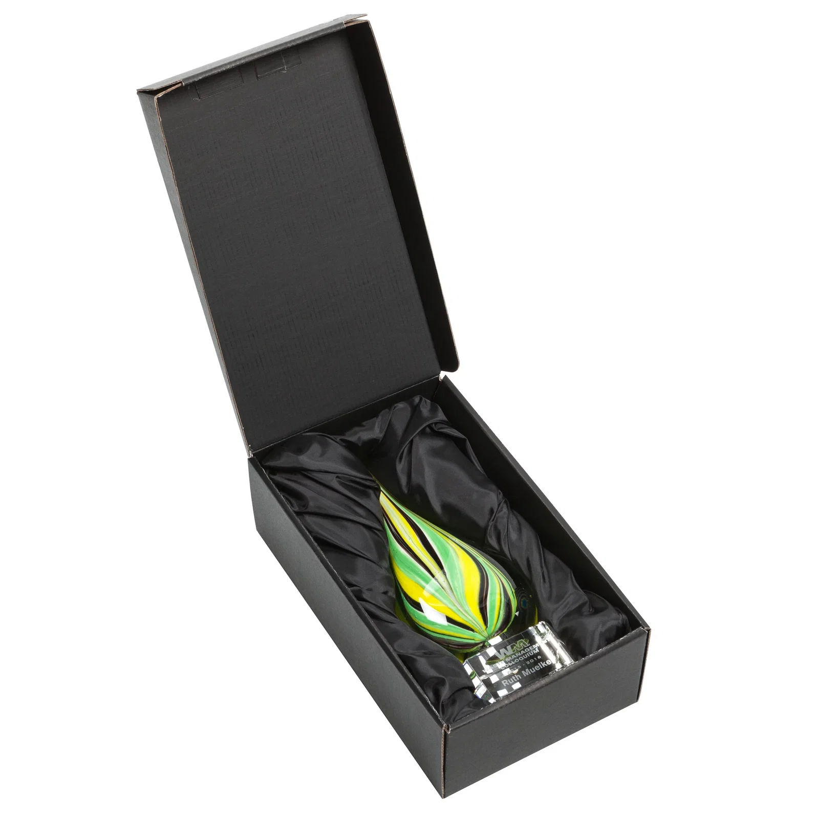 Custom Glass Peacock Feather Teardrop Award on Clear Crystal Base for retirement presentations