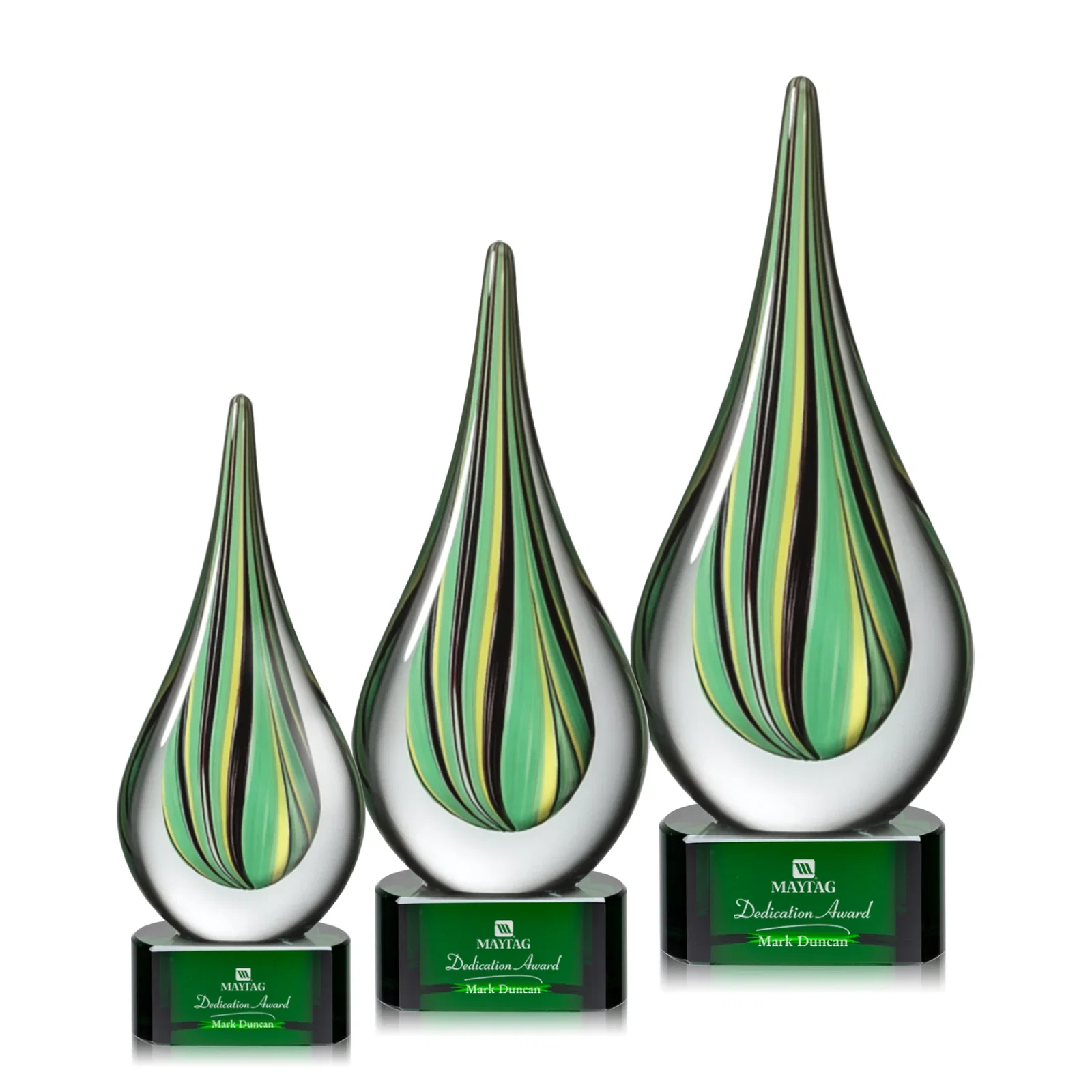 Custom Glass Peacock Feather Teardrop Award on Clear Crystal Base for team milestone celebrations
