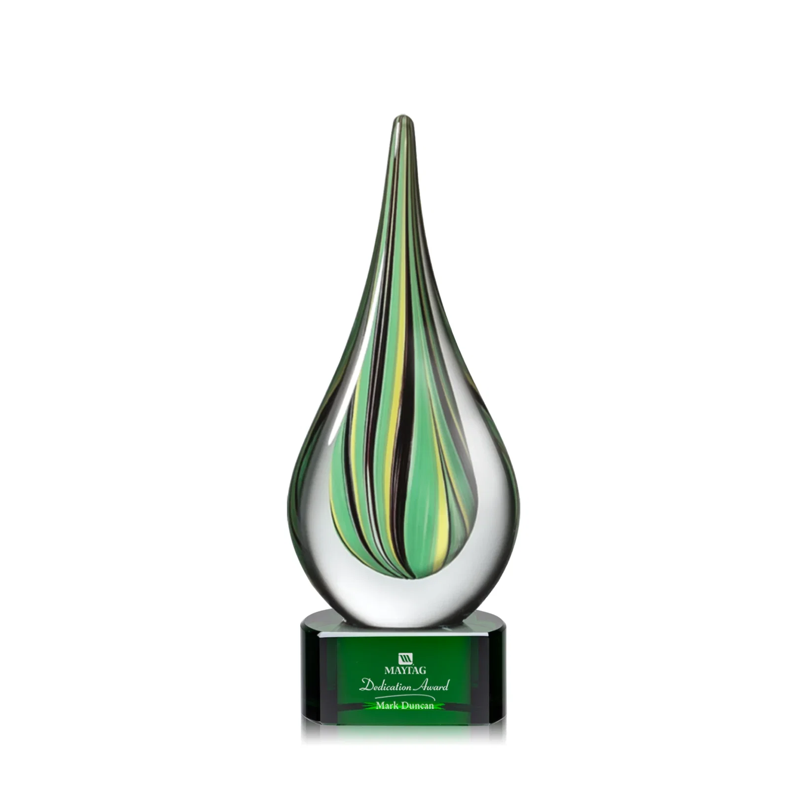 Custom Glass Peacock Feather Teardrop Award on Clear Crystal Base for donor appreciation