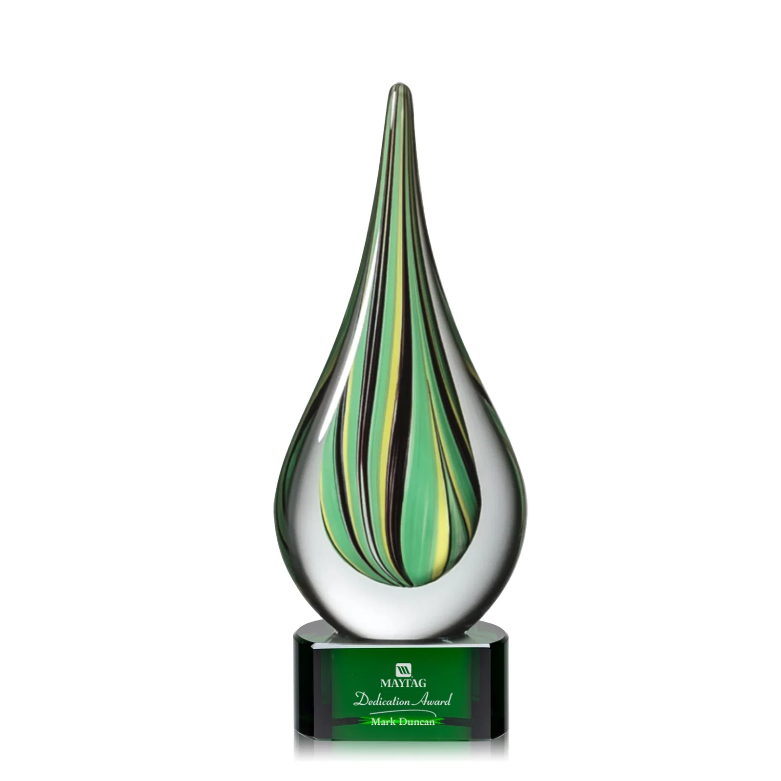 Custom Glass Peacock Feather Teardrop Award on Clear Crystal Base for graduation ceremonies
