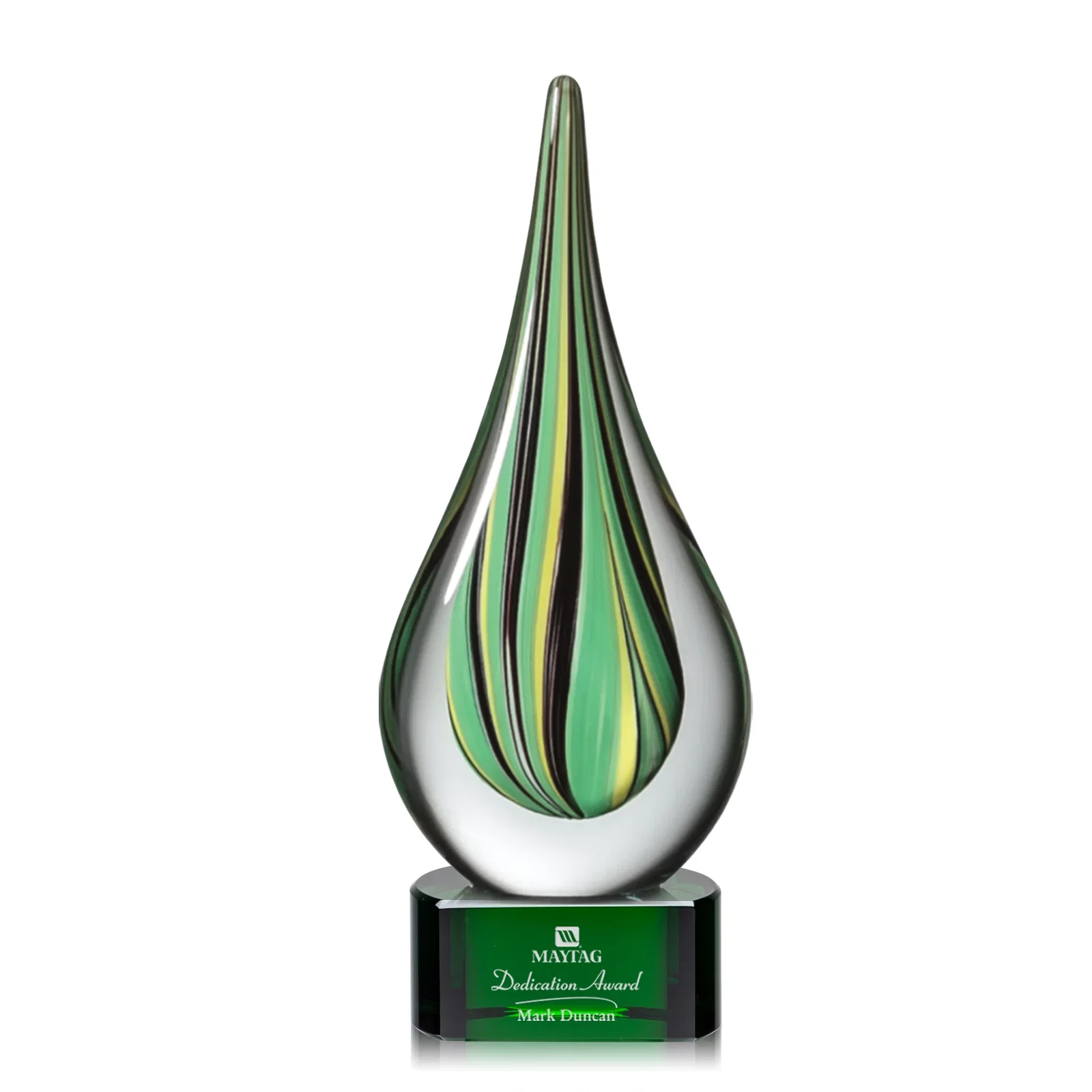 Custom Glass Peacock Feather Teardrop Award on Clear Crystal Base for safety achievement programs