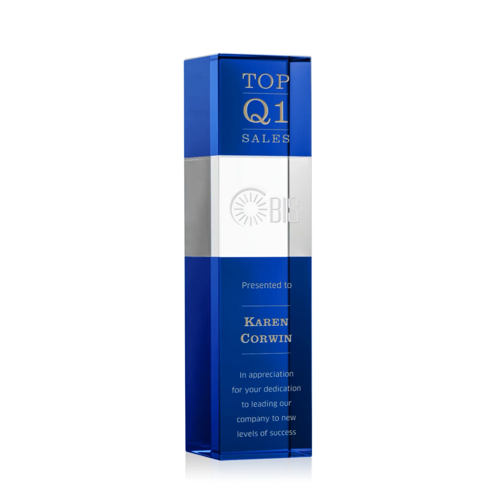 Custom Optical Crystal Tower Award with Beechwood Finish Option for volunteer appreciation