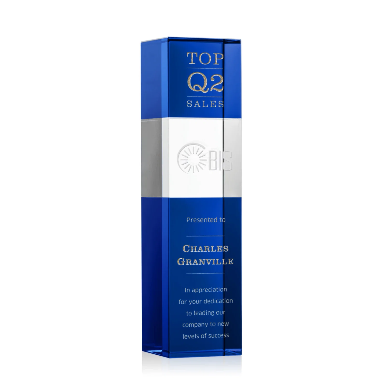 Custom Optical Crystal Tower Award with Beechwood Finish Option for dealer and partner awards