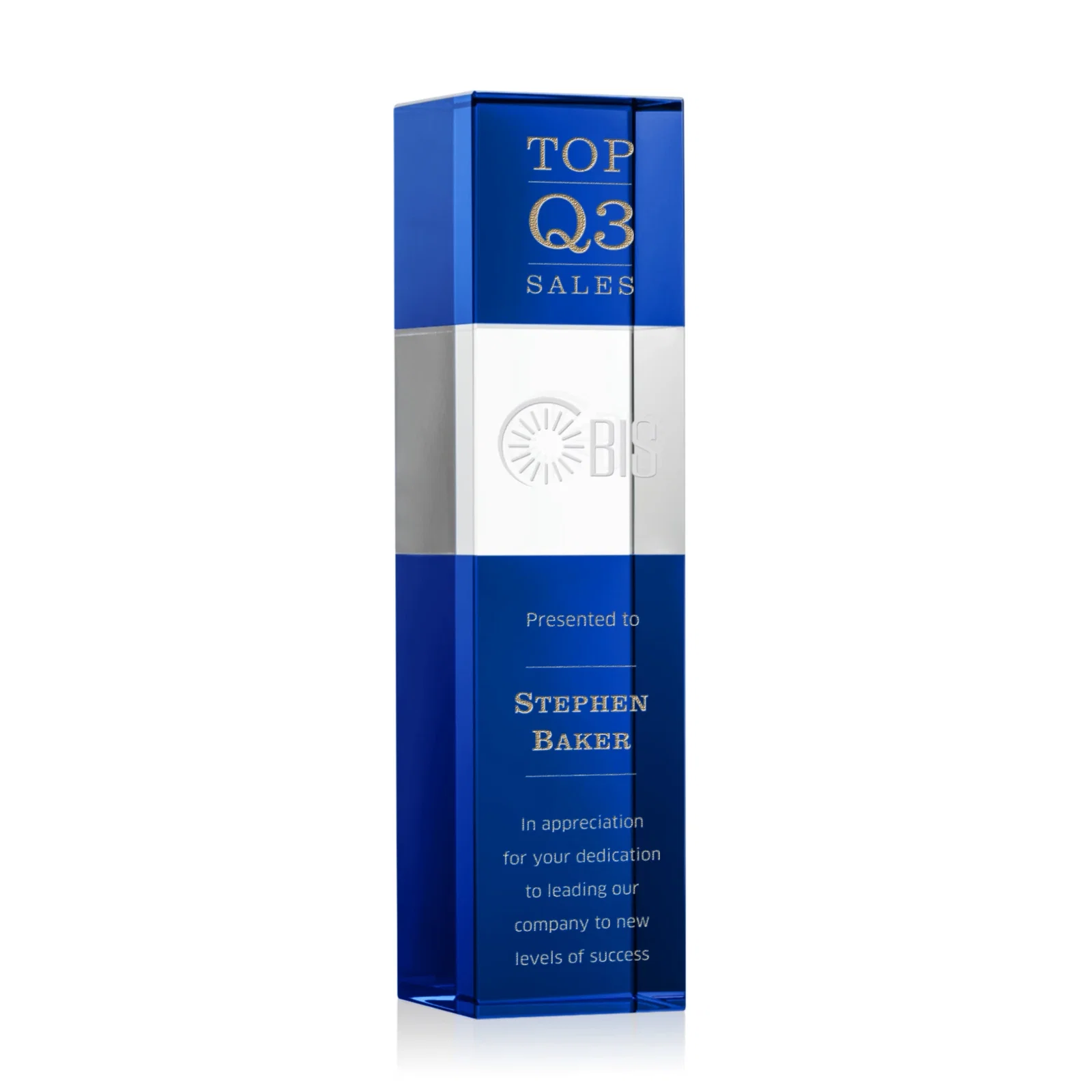 Custom Optical Crystal Tower Award with Beechwood Finish Option for company anniversary events
