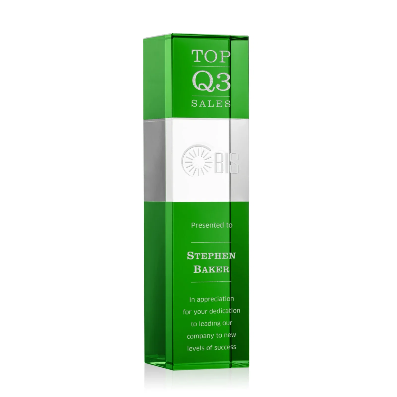 Personalized Optical Crystal Tower Award with Beechwood Finish Option for sales achievement awards